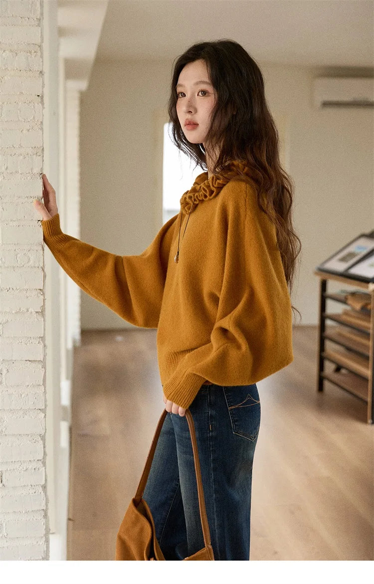 MISHOW Pullovers Women 2025 French Style Orange Lotus Edge Crew Neck Lantern Sleeves Top Slim Luxury Women's Sweaters MXE86Z2726
