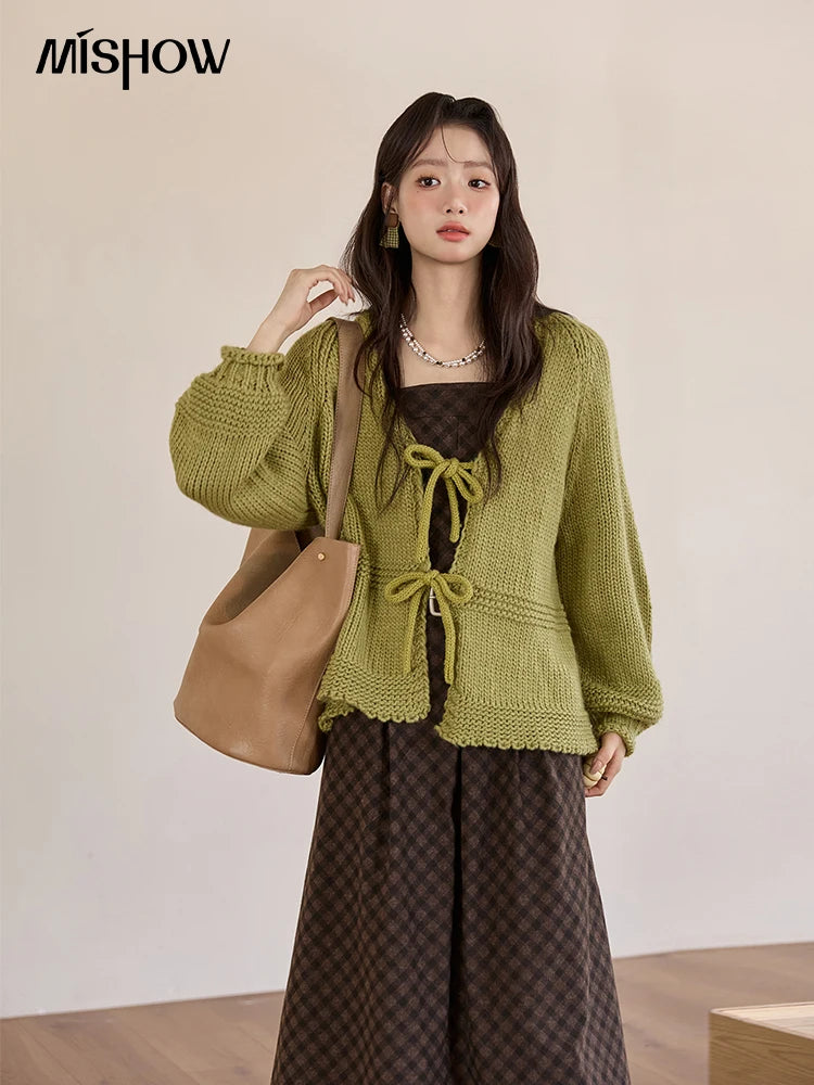 MISHOW Women's Avocado Green Knitted Cardigan 2025 Winter Lantern Sleeve Sweater Female V-neck Lace-up Loose Cardigan MXE51Z2694