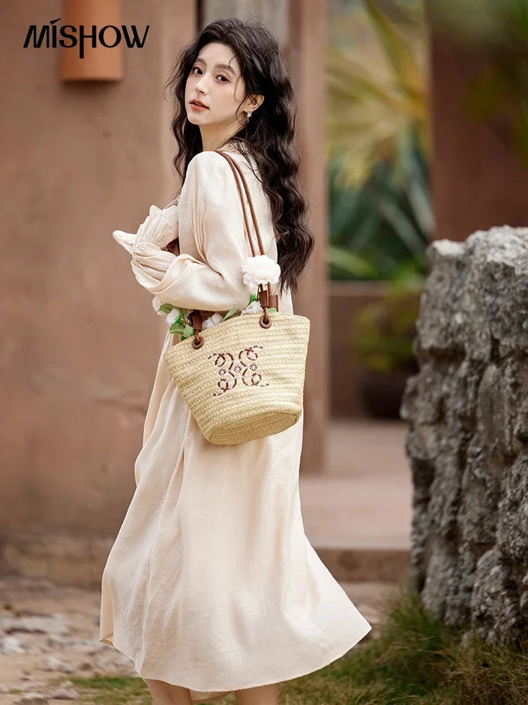 MISHOW Pink Dress for Women 2025 Spring Fungus Edge V Neck Lace-up Dress Flared Sleeves Elastic Waist Sweet Dresses MXE11L2087