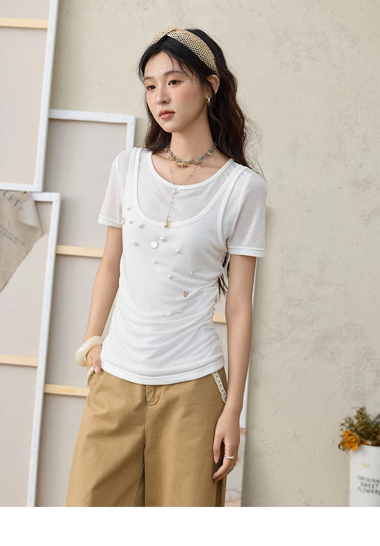 MISHOW White Fake Two Piece Bead Embroidered T-shirt for Women 2025 100 Cotton Tees Round Neck Knitted Breathable Top MXE35T0566