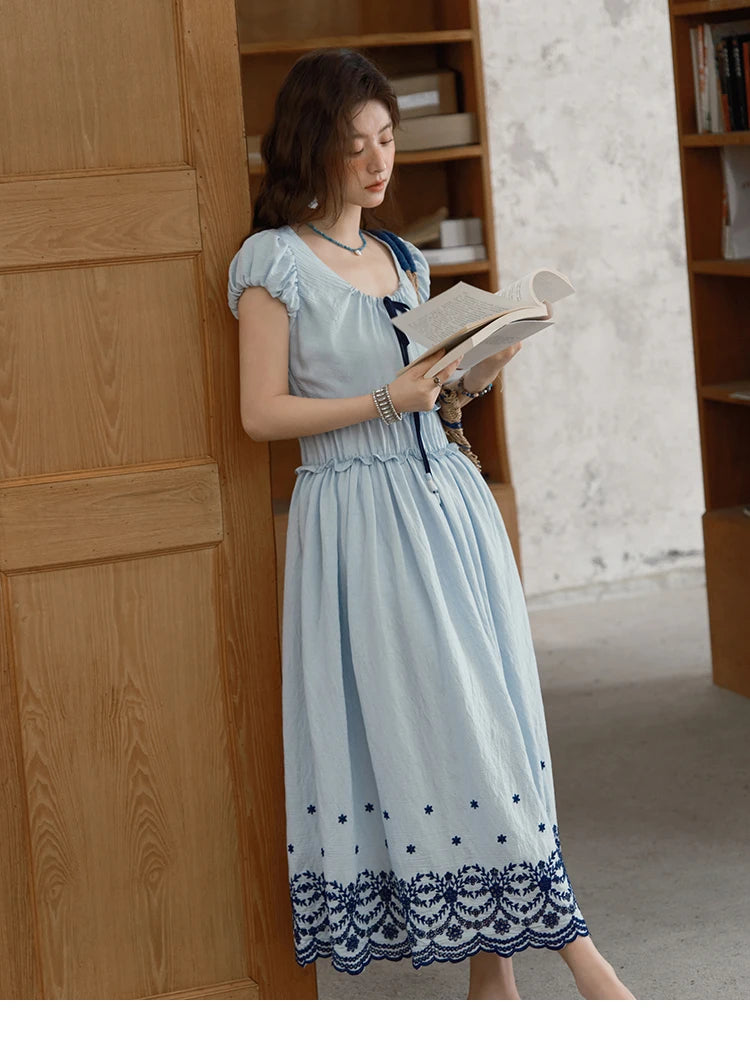 MISHOW Women's Bohemian Embroidery Dress 2025 Summer Ladies Fashion V-neck Lace Up Flower Bud Sleeve Blue Long Dress MXE36L2244