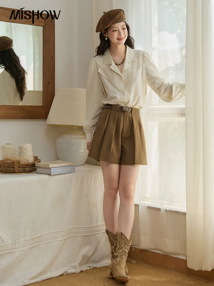 MISHOW Women's Casual Shirts 2025 Autumn Apricot Retro Lace V-neck Top Long Sleeve Lightweight Shirts Women Clothing MXE45X2486