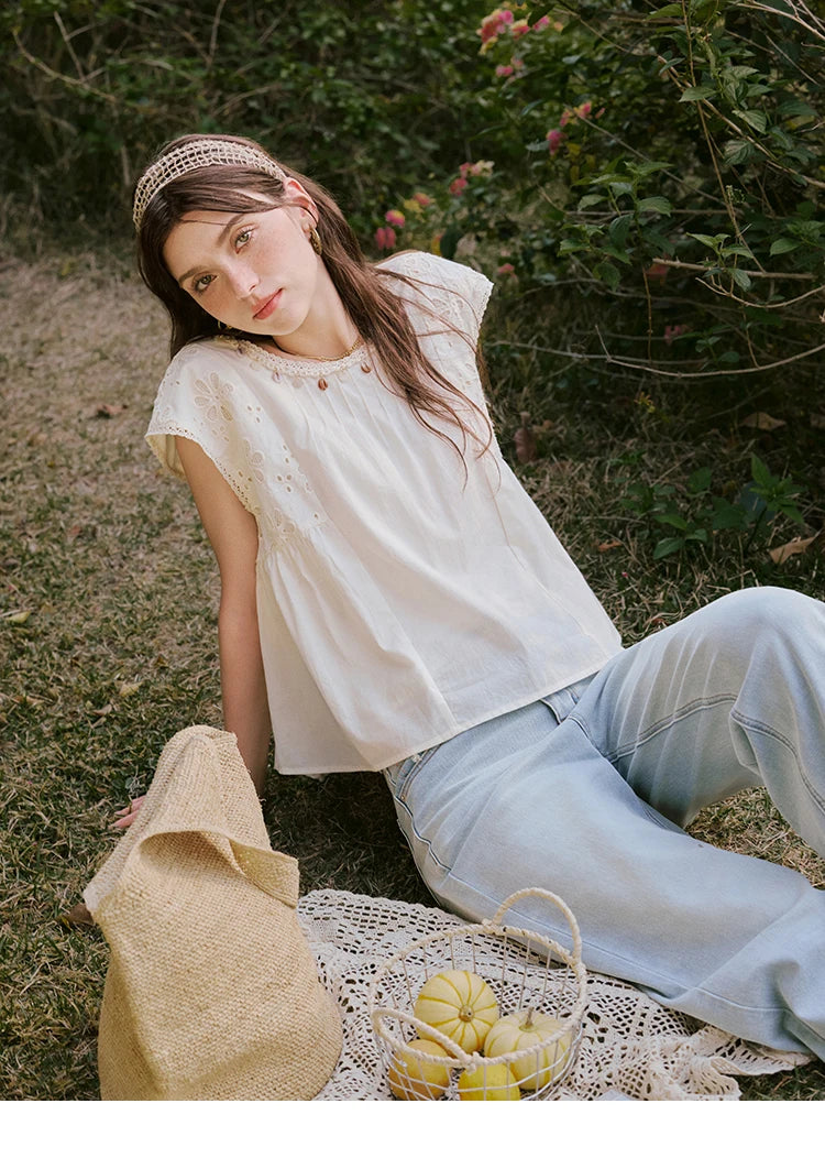 MISHOW French Summer Elegant Blouses Women 2025 Solid Short Flying Sleeve Round Neck Hollow Lace Shirts Woman Fashion MXE33X1778