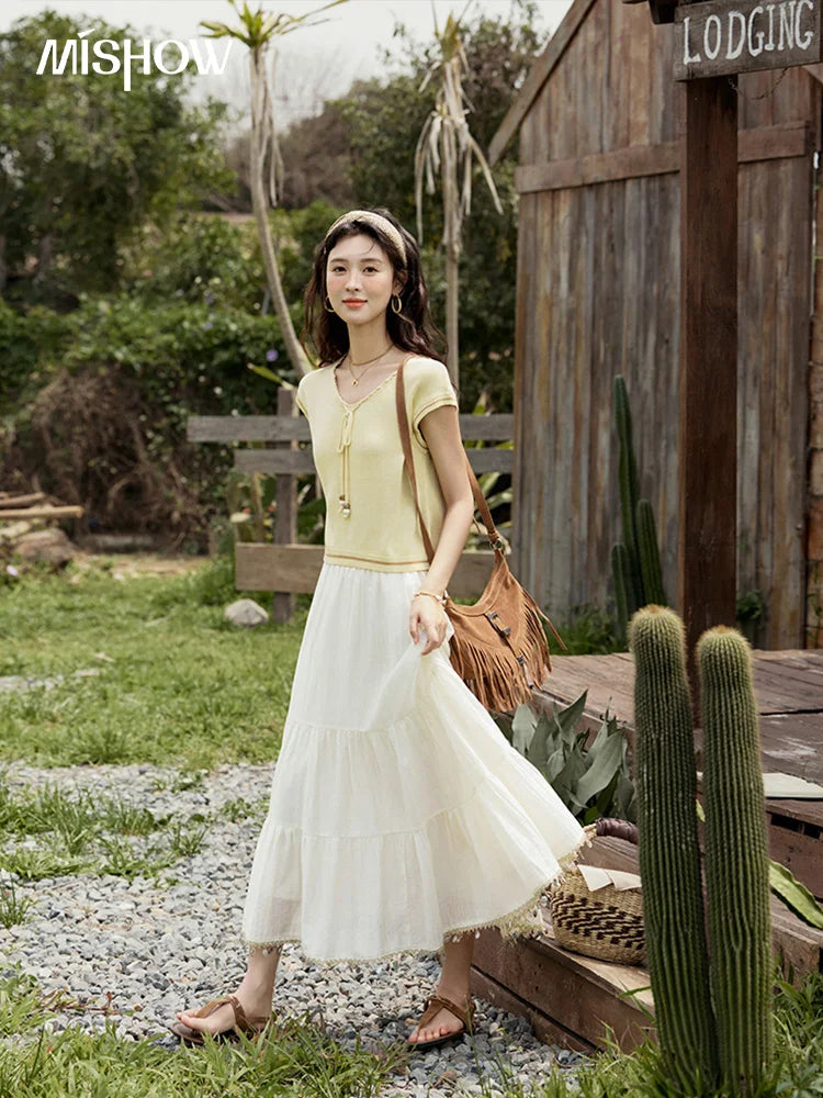 MISHOW Office Lady Summer Skirt Women New 2025 Solid Elastic Waist Shell Webbing A-line Skirts Woman Fashion Slimming MXE33B0708