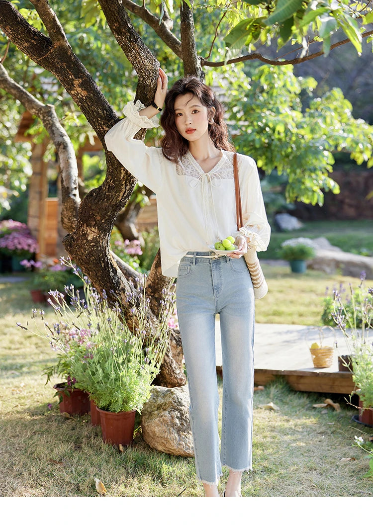 MISHOW Lace Patchwork Shirt for Women Spring 2025 V-neck with Fungus Edge Lace-up Chiffon Top Petal Sleeve Shirts MXE13X1713