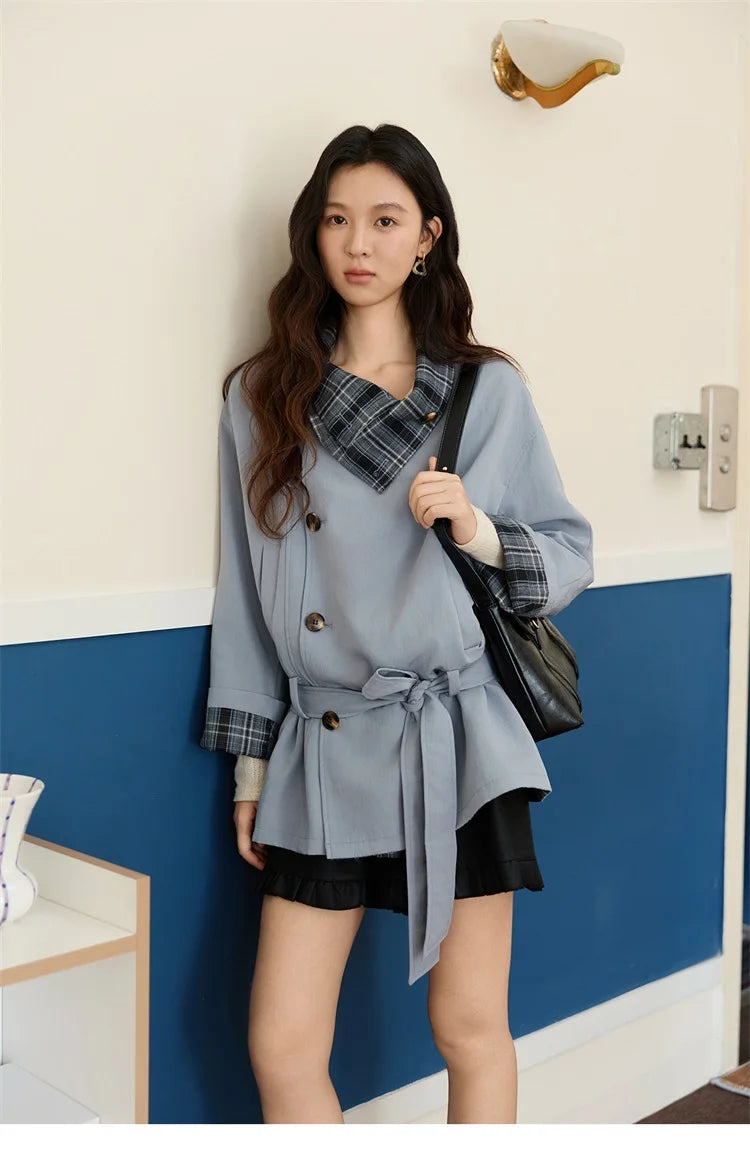 MISHOW Two Sided Outerwear Trench for Women Autumn Winter 2025 Blue Plaid Patchwork Diagonal Placket Belt Trench MXE48W0871