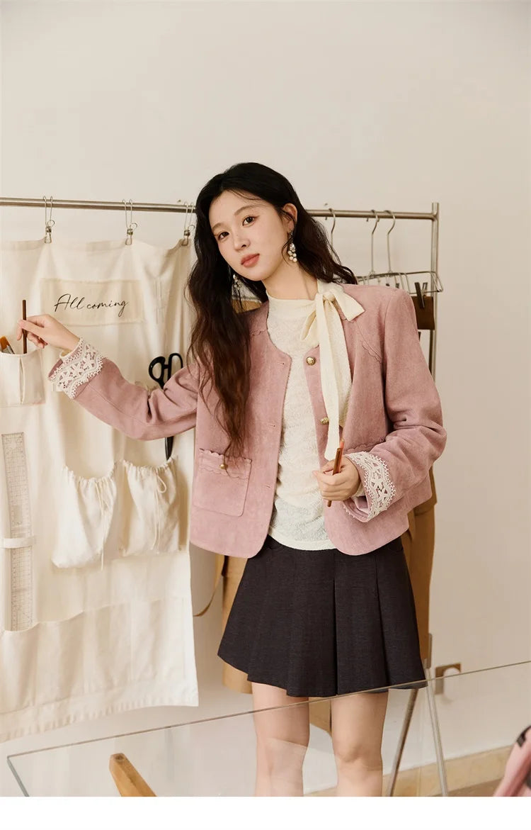 MISHOW Fragrant Suede Jacket for Women Autumn 2025 Cuffs Hollowed Out Lace Short Coats O-neck Metal Button Jackets MXE46W0839