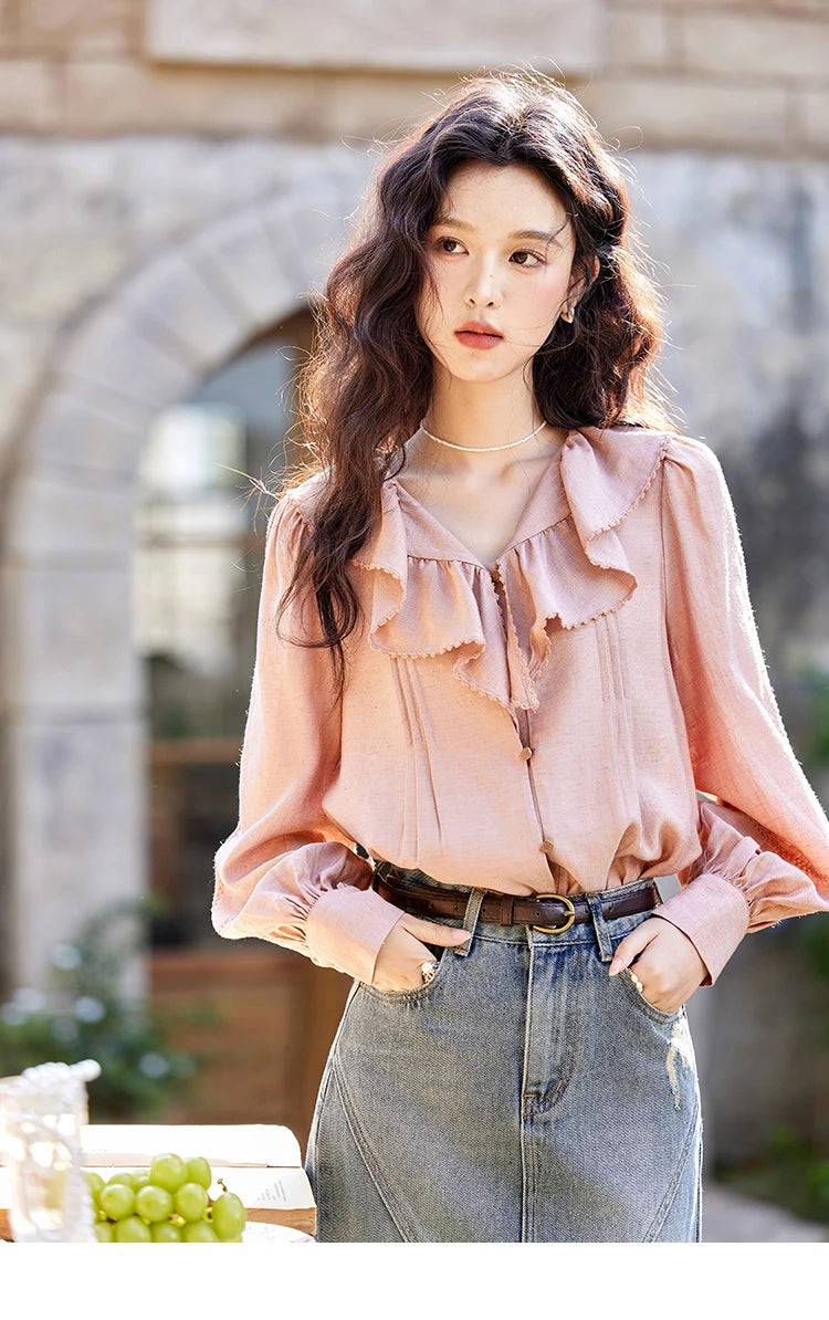 MISHOW Lotus Leaf Collar Shirt Bubble Sleeves Pink Shirt for Women Spring 2025 Sweet Chiffon Top Temperament Shirts MXE12X1702