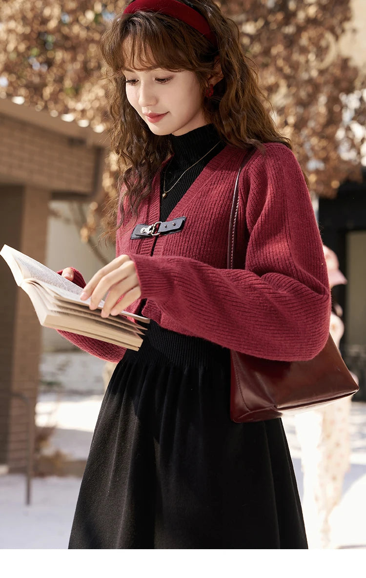 MISHOW Knitted Dress Solid Cardigan Separately Women Winter V Neck Sweater Midi A-line High Waist Dress Short Tops MXC59L1646
