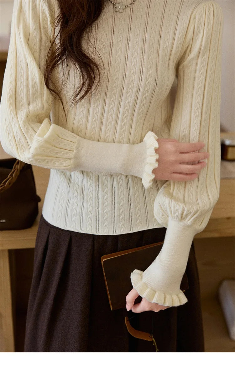 MISHOW Women's Half Turtleneck Ruffle Trim Lantern Sleeve Bottoming Tops 2025 Winter Vertical Rib Slim Knitted Top MXE93Z2810