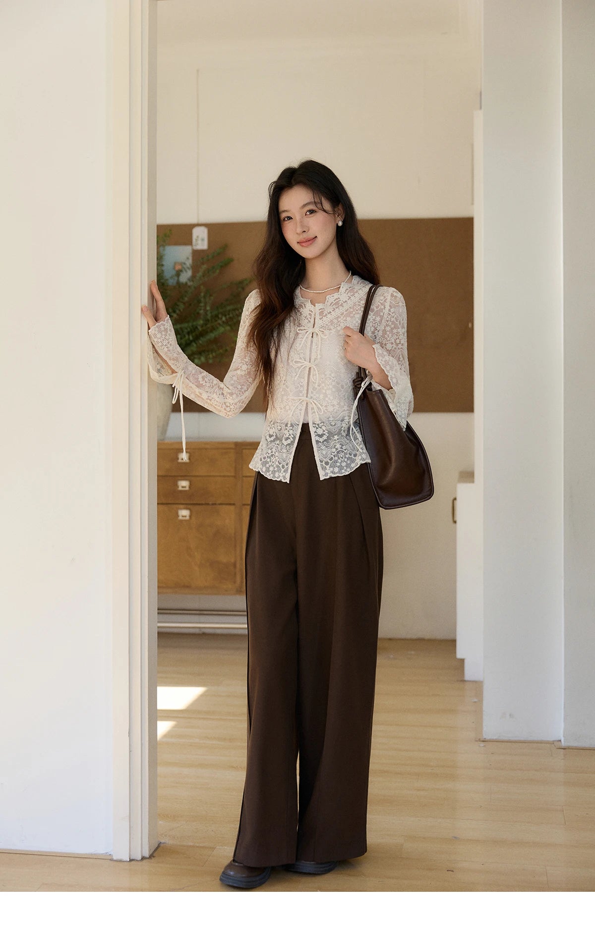 MISHOW Women's Sweet Lace Top Camisole Set Spring Tie Front Flare Sleeve Sheer Casual Elegant Two-Piece Knitwear MXF108X1001