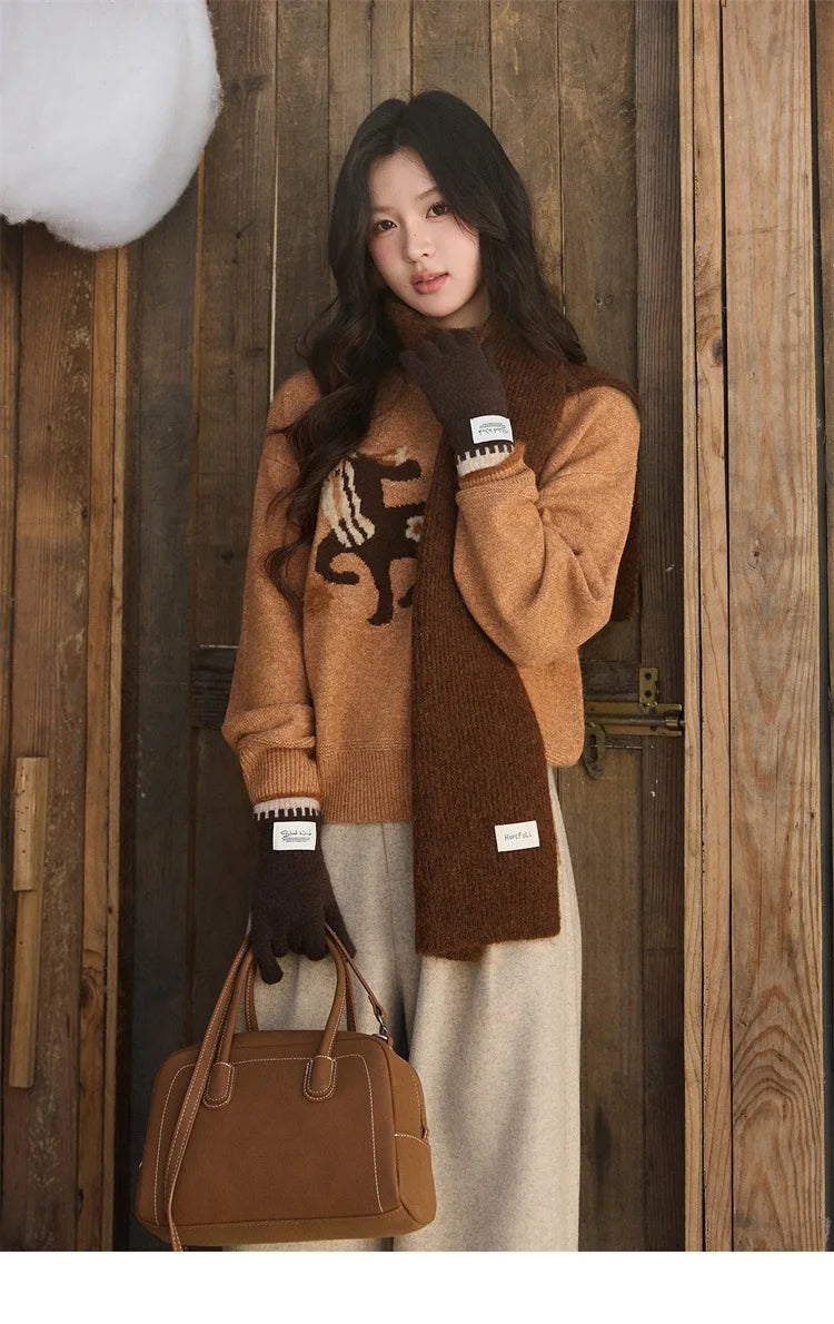 MISHOW Women's Horse Pattern Knit Sweater Winter Crew Neck Sweaters Collar Cuffs Splice Contrasting Faux Mink Fur Top MXE94Z2863