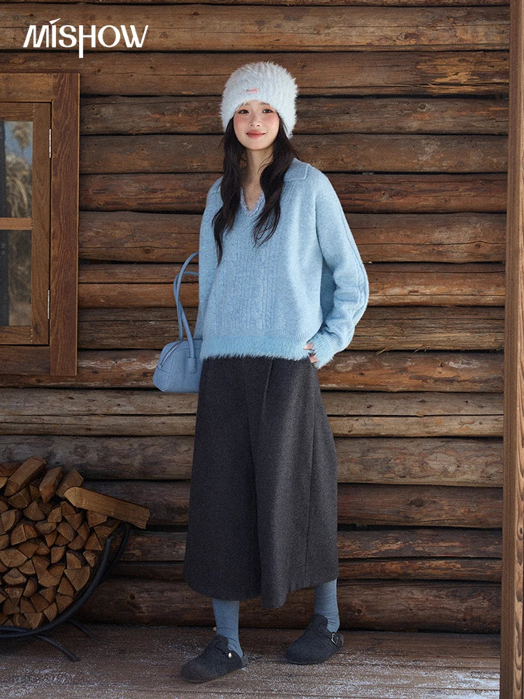 MISHOW Luxury Women's Sweaters 2025 Winter Blue Polo Collar Cable Knit Faux Mink Pullovers Loose Commute Tops Lady MXE88Z2756