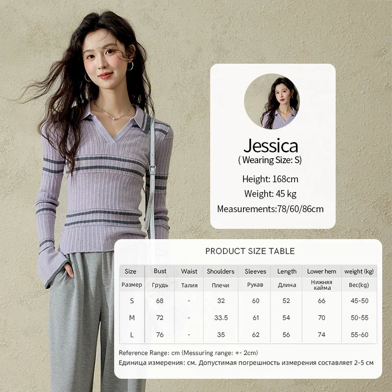 MISHOW Striped Knitted Tops for Women Spring 2025 Contrast Color Striped Slim V-neck Trumpet Sleeves Commuter Outfit MXE13Z1141