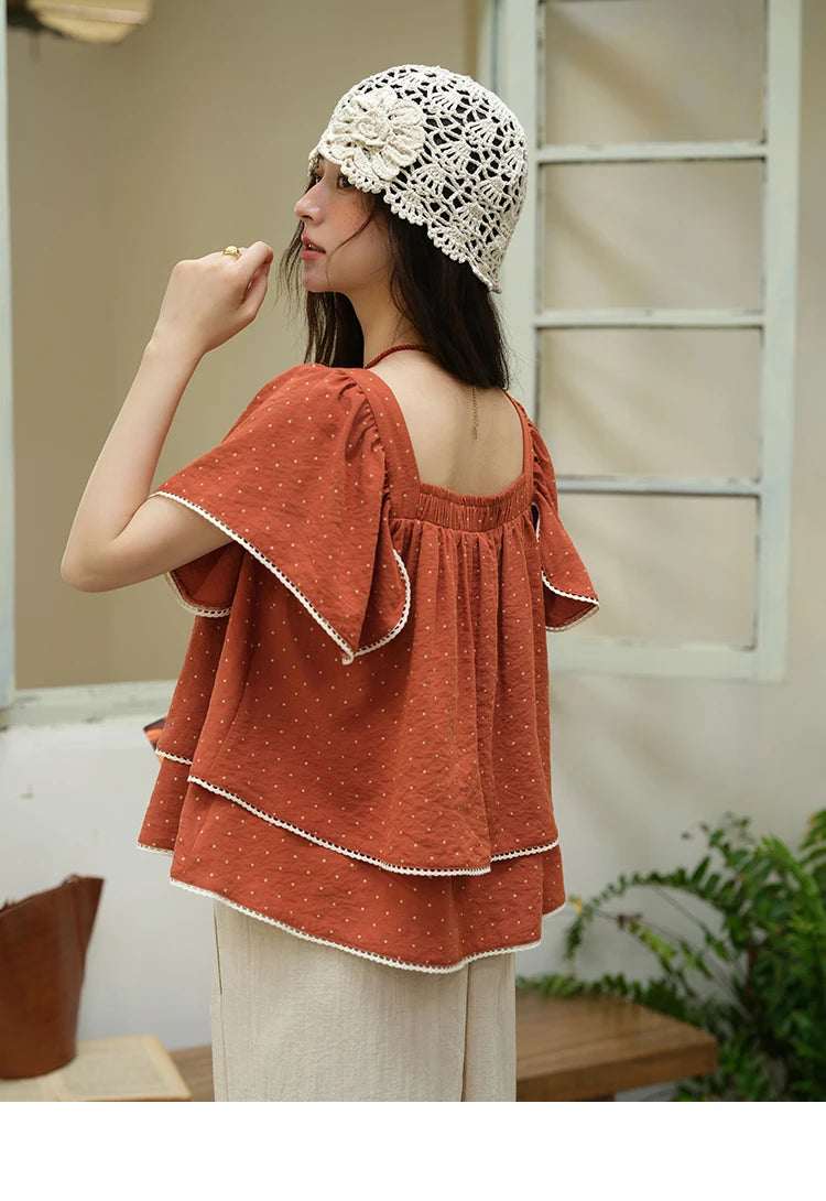 MISHOW Women's Polka Dot Blouse 2025 Summer Square Neck Lace Spliced Double Layered Ruffled Red Top Women's Clothing MXE37X1857