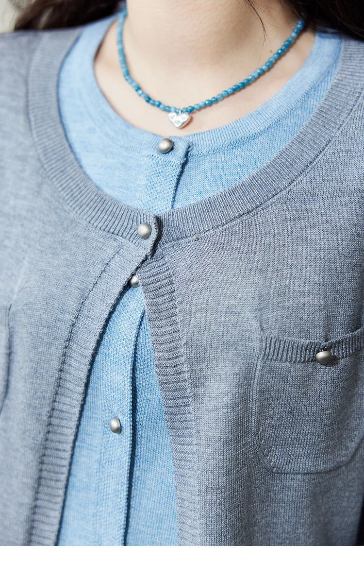 MISHOW Wool Knitted Cardigan Fake Two-piece Contrasting 2025 Spring Women Slim Fit Top O Neck Patch Pocket Sweaters MXE12Z1144