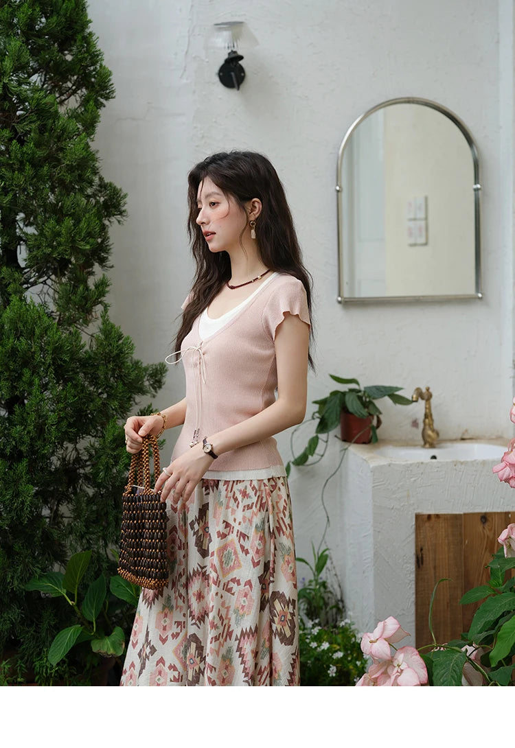 MISHOW Round Neck Patchwork Knitt Sweater for Women 2025 Summer Flying Sleeve Lace Up Versatile Top Female Clothing MXE37Z1278