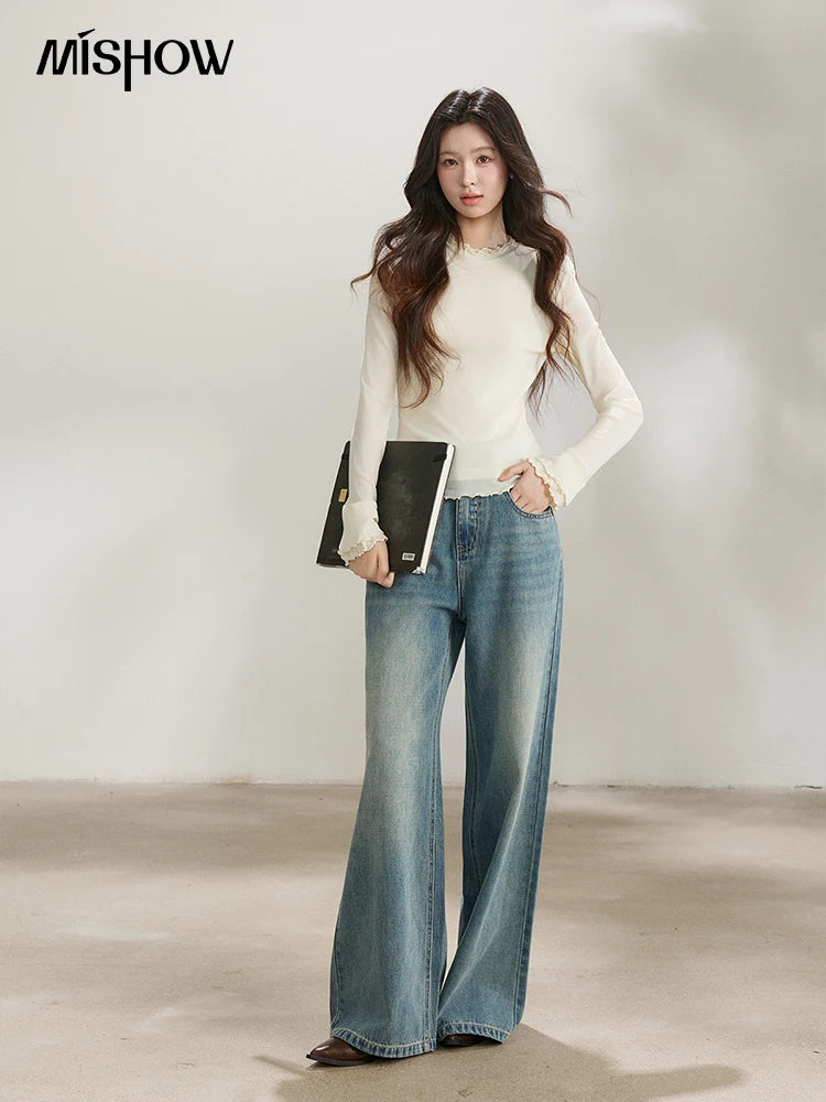 MISHOW Women's Vintage Blue Wide Leg Jeans Spring High Waist Cotton Pants Two-button Loose Casual Denim Trousers MXF108K1005