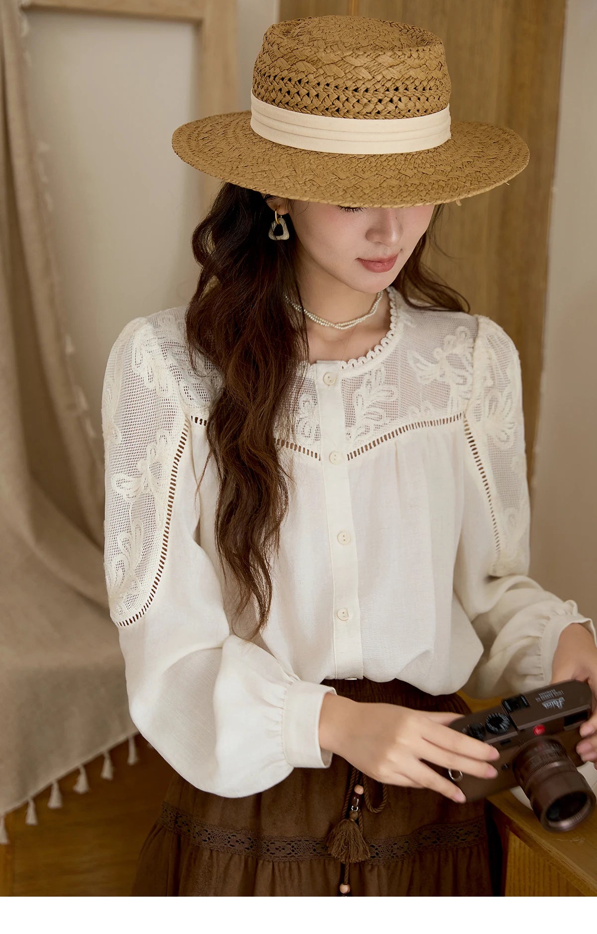 MISHOW Women's Beige Hollow Out Embroidery Shirt Autumn French Elegant Long Sleeve O-Neck Shirts Retro Commute Tops MXE44X2498