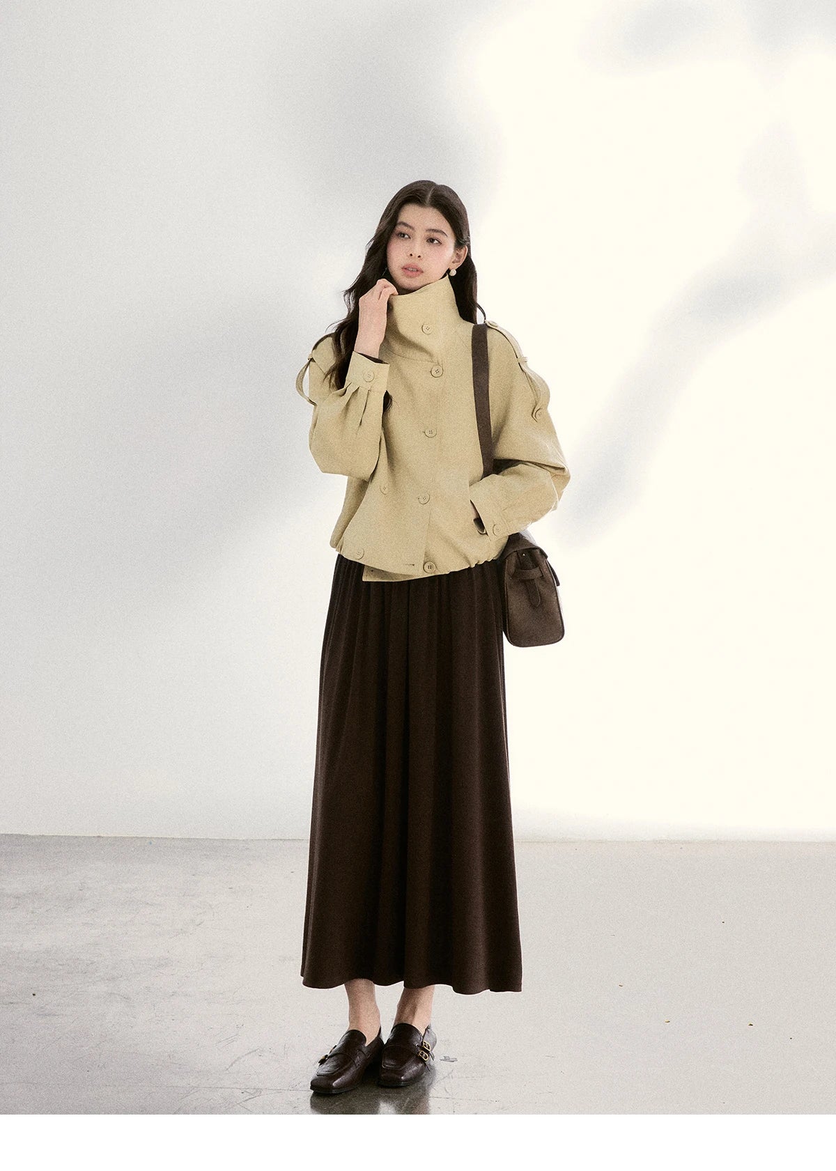 MISHOW Women's Khaki Cropped Short Leather Jacket 2026 Spring Lapel Stand Collar Double Breasted Casual Loose Coat MXF108W1000