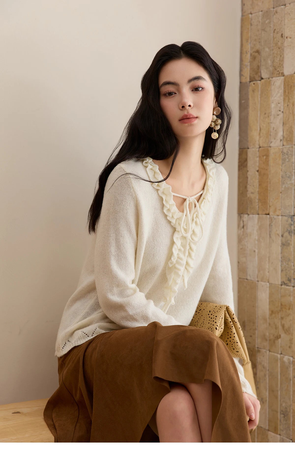 MISHOW Women Long Sleeve Tees 2025 Autumn New V-neck Wood Ear Hollow Out Knitted Sweater Women's Beige Wool Top MXE51Z2595
