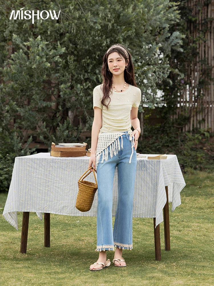 MISHOW Solid Office Lady Summer Shirts for Women 2025 New Short Sleeve Round Neck Knitted T-shirt Female Fashion Slim MXE32Z1232