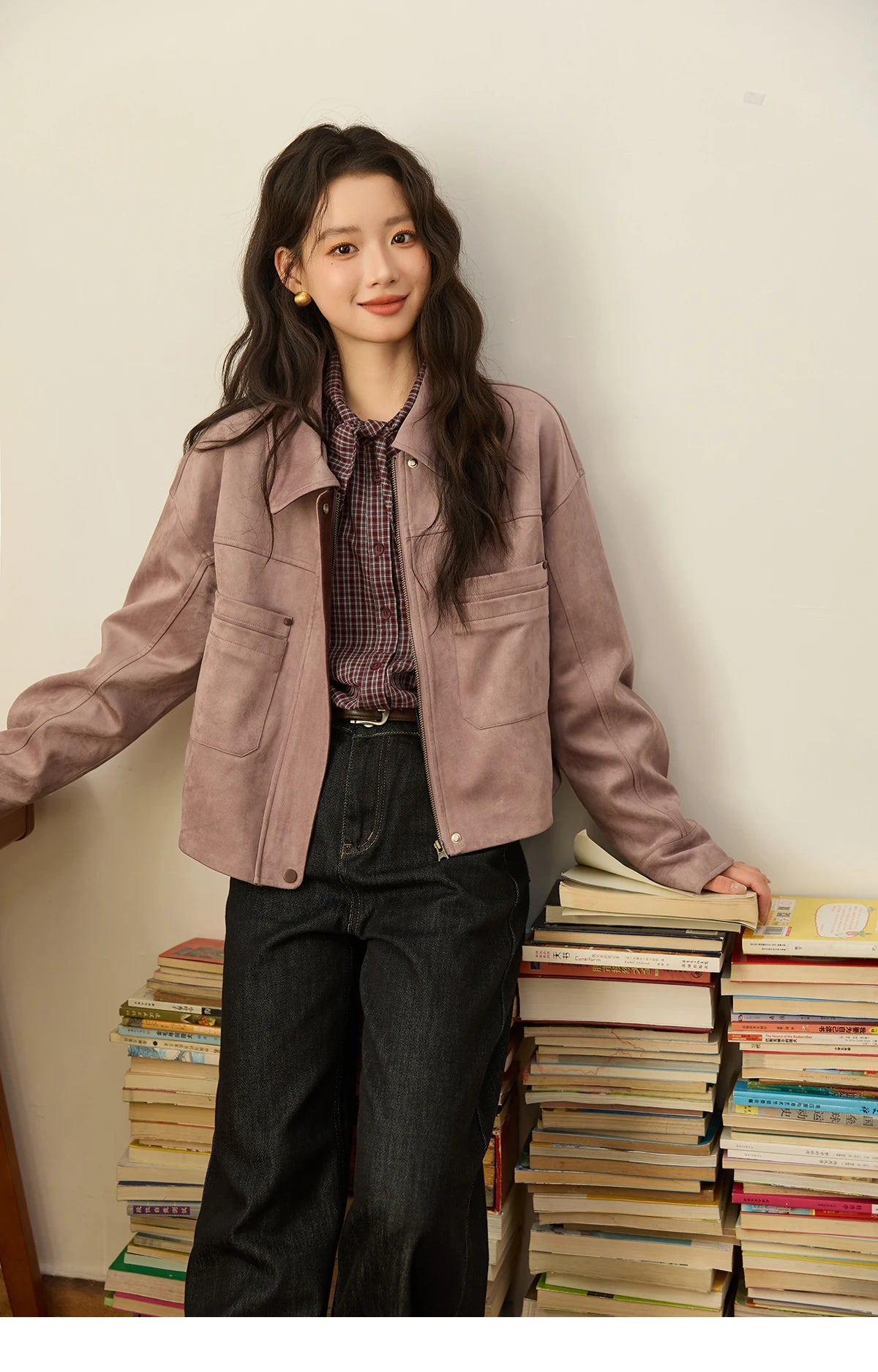 MISMHOW Taro Purple Leather Jacket Autumn 2025 Contrasting Splic Short Jackets Symmetrical Double-layer Pocket Coat MXE44W0816