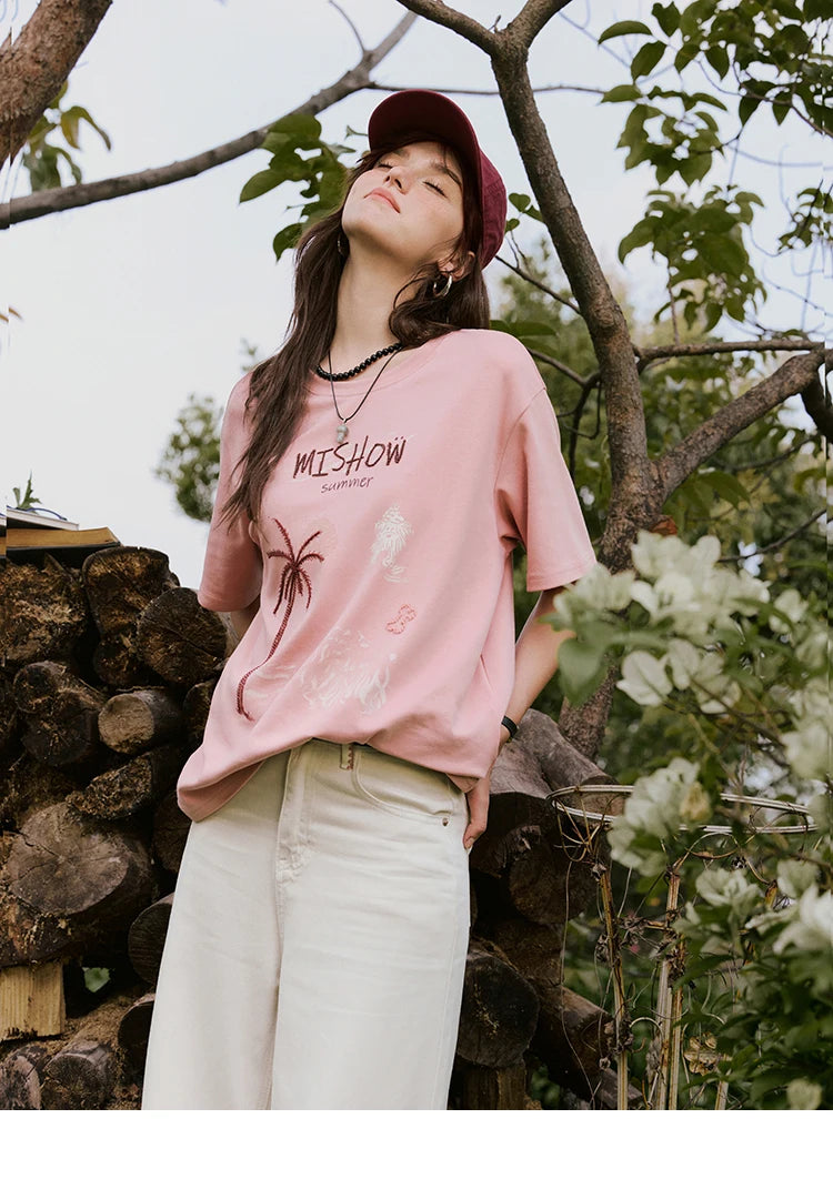 MISHOW Casual Print T-shirts Women 2025 Summer New Short Sleeve Round Neck Coconut Tree Pattern Shirt Woman Holiday MXE31T0516