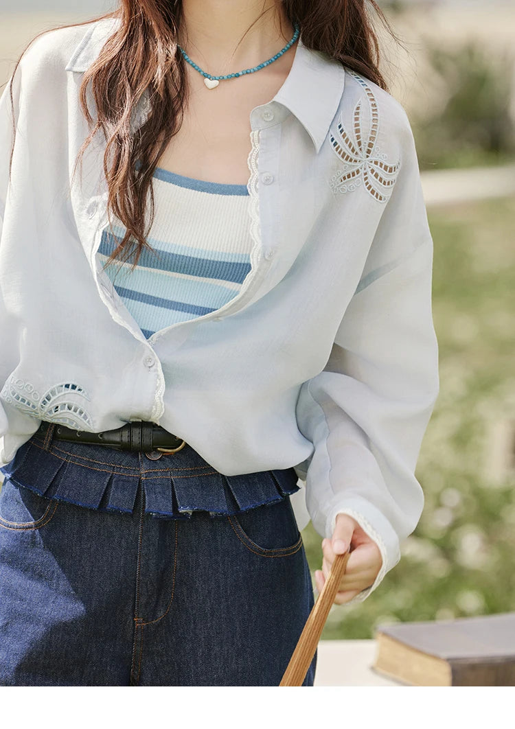 MISHOW Blue Office Lady Shirts Women 2025 Summer New Round Neck Long Sleeve Hollow Embroidery Blouses Female Fashion MXE31C0775