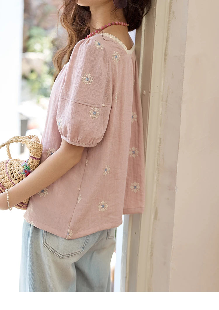 MISHOW Pink Embroidered Linen Floral Blouse for Summer 2025 A-line Square Collar Blouses Lace Patchwork Loose Tops MXE35X1834