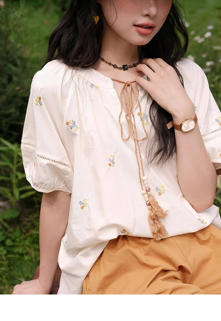 MISHOW Women Two-Piece Set 2025 Summer Puff Sleeve Lace Up Top Hollow Lace Spliced Elastic Waist Shorts Ladies Set MXE38T0684