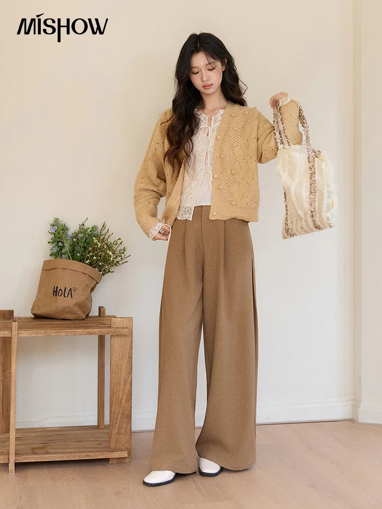 MISHOW Women's Solid Hollow-out Knit Thin Cardigan 2026 Spring V-Neck Bobble Knit tops Casual Loose Knitted Sweater MXF108Z1020