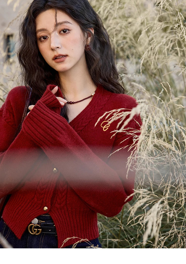 MISHOW Elegant V-neck Sweater Women's Long-sleeved Knitted Jacket 2025 Fall Winter New Korean Vintage Short Cardigan MXD48Z0848