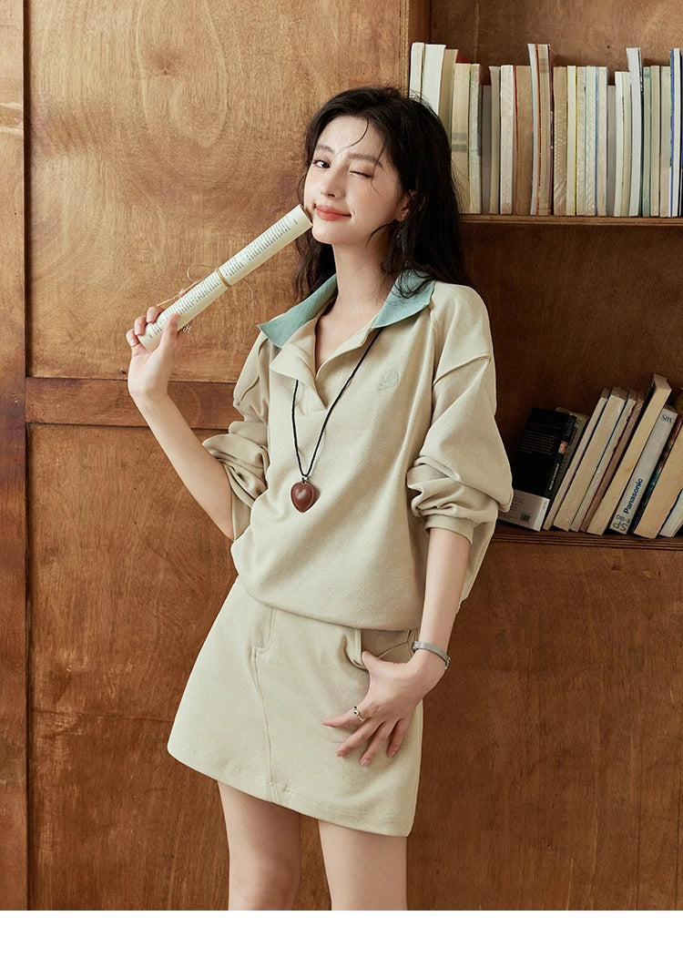 Mishow Polo Neck Sweatshirt & Contrast Letter Skirt Set MXD44V0097