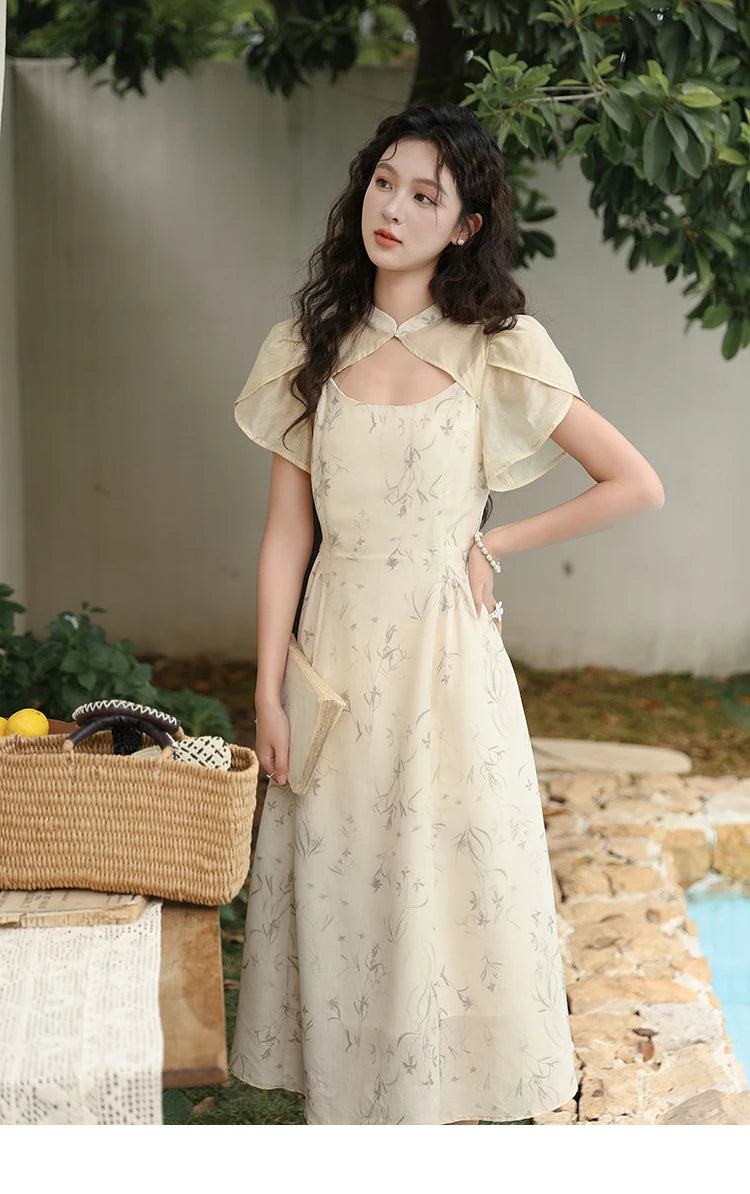 MISHOW Chinese Improved Cheongsam Floral Dress for Women 2024 Summer Hollow Out Fake Two-piece Printed Chiffon Dress MXD23L1799