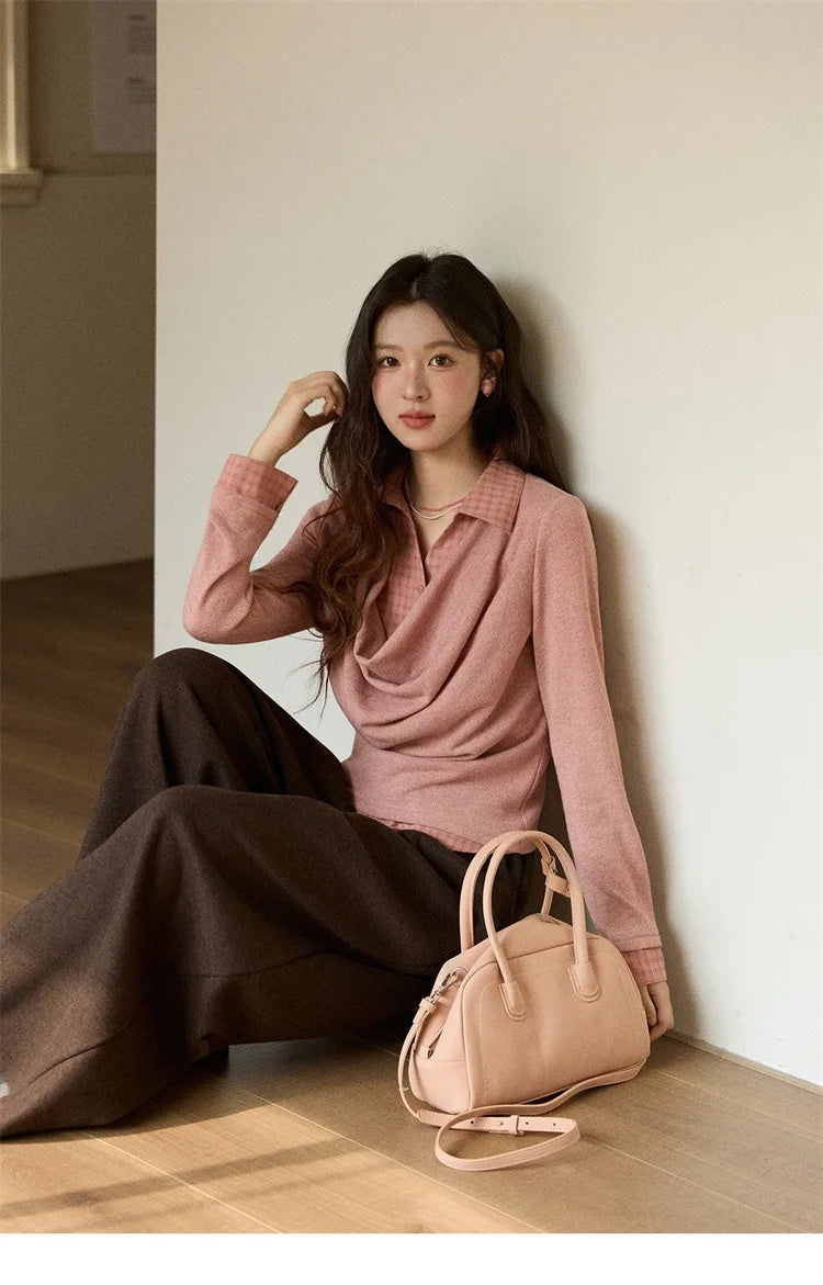 MISHOW Women Knit Top 2025 Winter Faux Two-piece Pullovers Retro Plaid Patchwork Draped Collar Luxury Design Pink Top MXE87Z2747