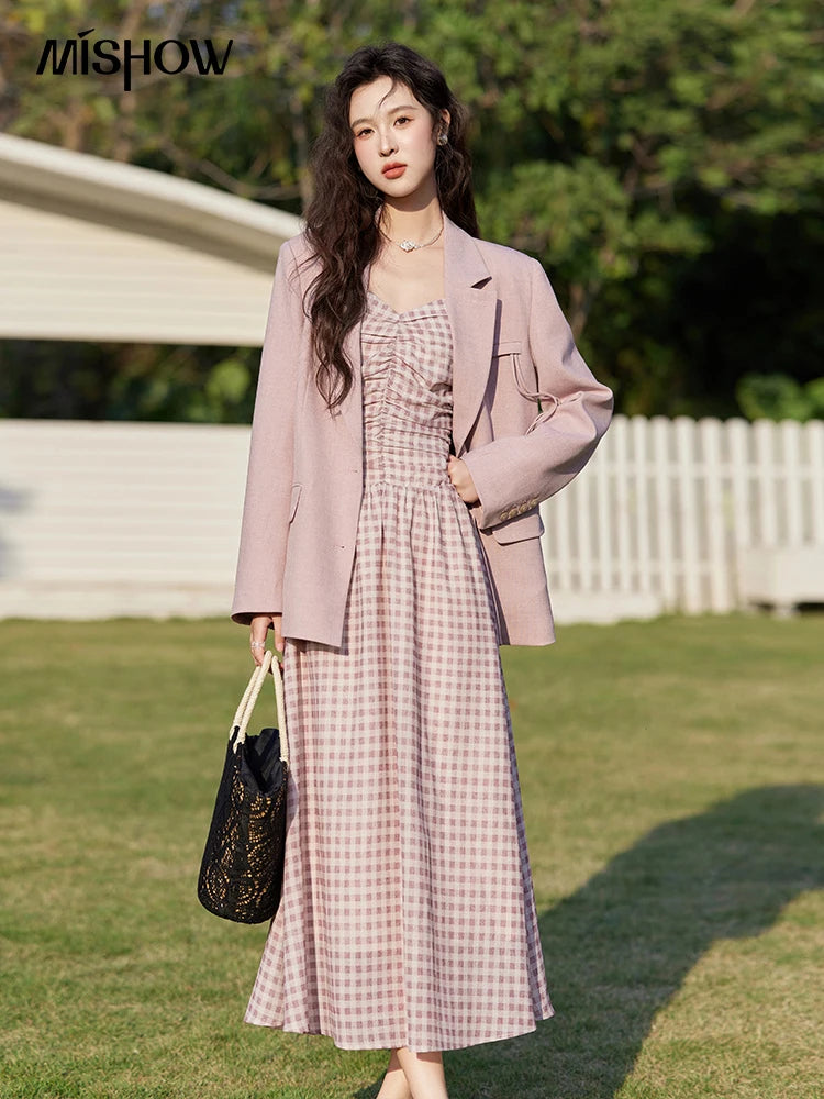 MISHOW Blazers for Women Spring 2025 Shoulder Pads Back Hem Slit Bow Coat Temperament Solid Single Breasted Blazer MXE13W0706