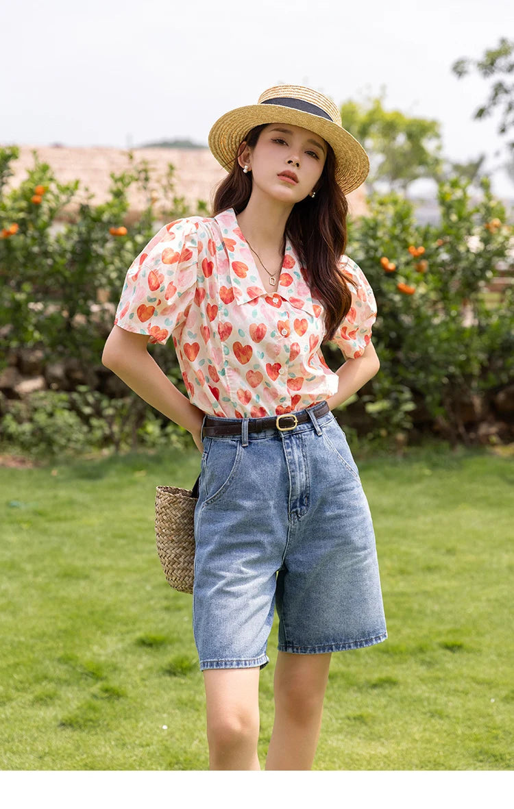 MISHOW Korean Floral Blouse Polo-Neck Puff Sleeve MXB27C0450