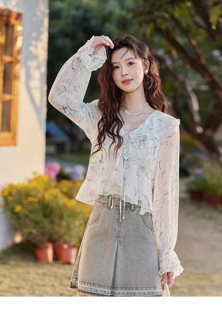MISHOW Floral Blouse with Camisole Set V-Neck Lace Up MXE13X1718