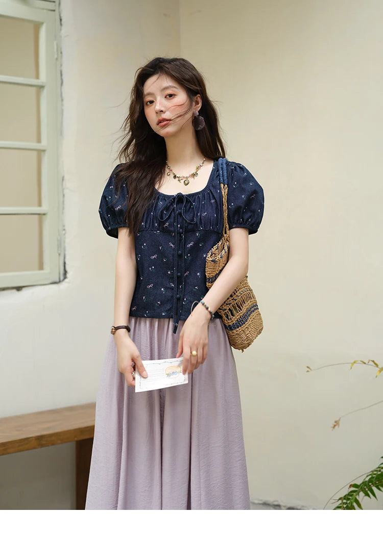 MISHOW Fashion Puff Sleeve Square Neck Blouse for Women 2025 Summer Lace Up Button Print Denim Top Women's Clothing MXE39X1933