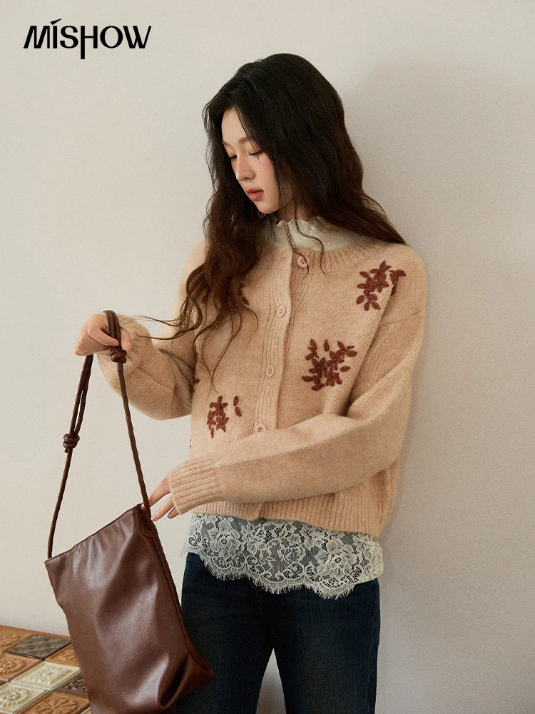 MISHOW Women's Knit Cardigan Wool 2025 Floral Embroidery Round Neck Cardigan Casual Long-sleeved Tops Woman Clothes MXE86Z2724