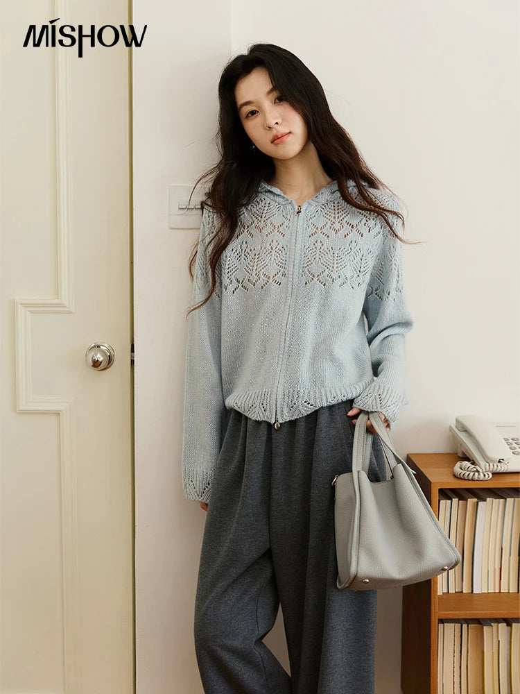 MISHOW Women's Autumn Cardigan 2025 New Loose Blue Hollow Knitted Cardigan Commute Hooded Short Zipper Sweater MXE46Z2584