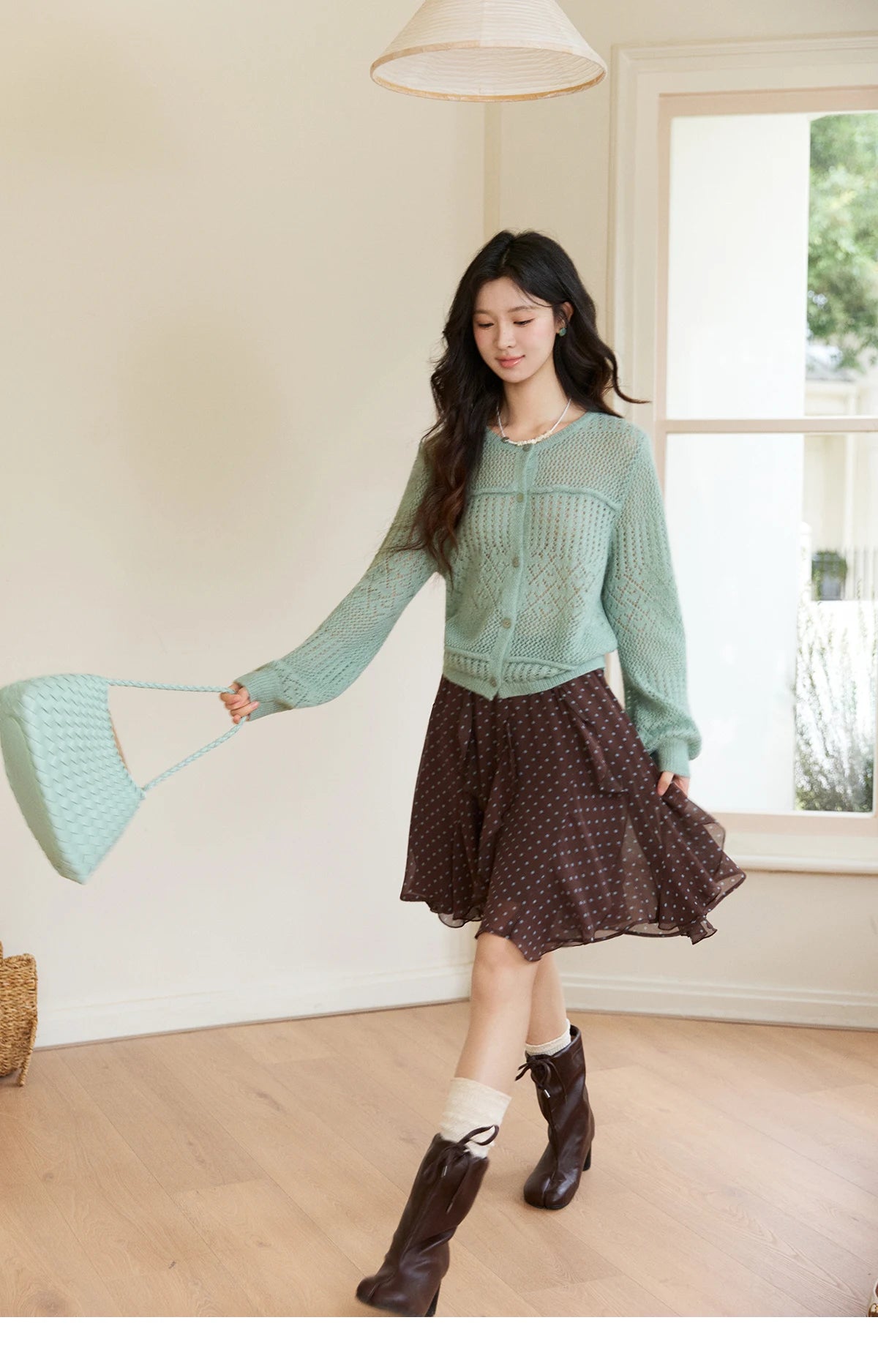 MISHOW Women's Brown Polka Dot Skirt Spring Irregular Ruffled Chiffon Elastic Waist Skirts Casual A-line Mini Skirt MXF13B2476