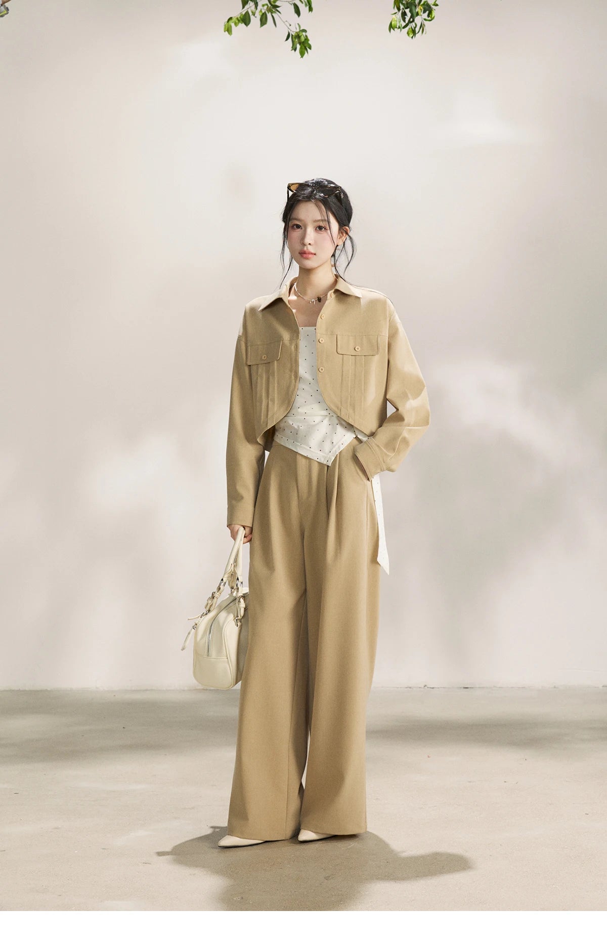 MISHOW Women's Khaki Three-Piece Set Spring Cropped Lapel Short Jacket Irregular Polka Dot Vest Wide Leg Pants Set MXF13T1478