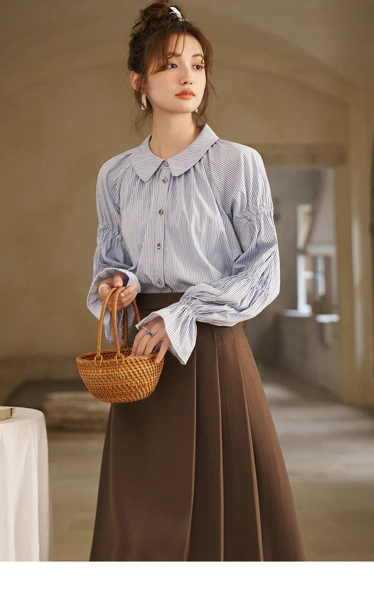 MISHOW Women's Blue Stripe Shirt 2024 Spring Fashion French Retro Bubble Sleeves Doll Neck Loose Tops Office Lady MXD12C0163