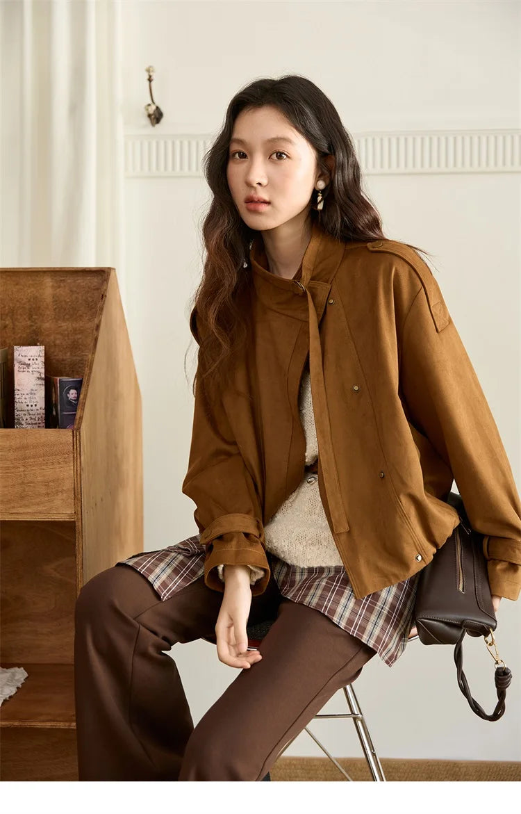 MISHOW Vintage Suede Short Jacket Brown Lapel Zipper MXE45W0869