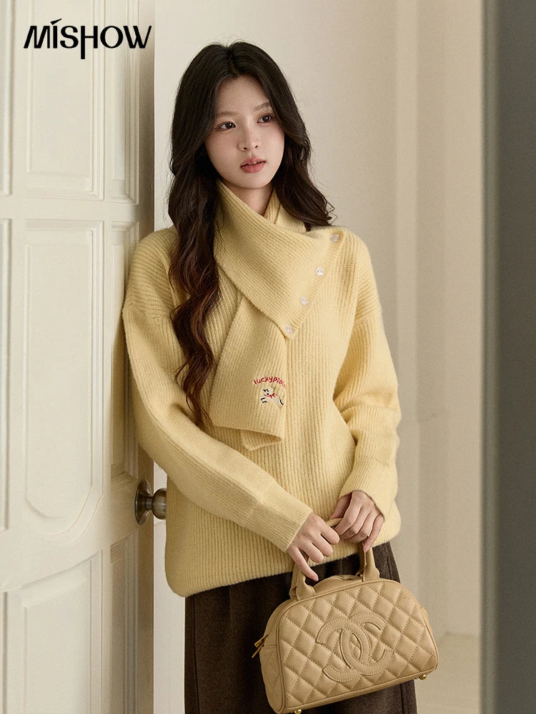 MISHOW Women's Yellow Sweater with Detachable Scarf 2025 Autumn Winter Loose Casual Warm Thickened Knit Pullover MXE93Z2953