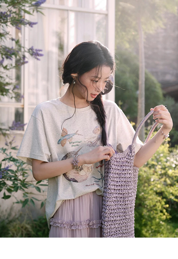 MISHOW Fashion Print T-shirts for women 2025 Summer New O-Neck Loose Casual Short Sleeve Cotton Top Female Clothing MXE36T0575