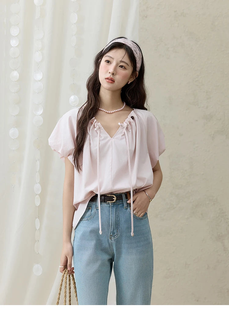 MISHOW Solid French Summer Blouses Woman 2025 New Short Puff Sleeve V-neck Beaded Retro Shirts Women Fashion Tops MXE33X1757