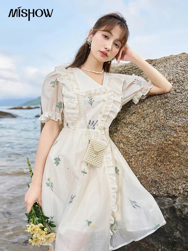 MISHOW Elegant Fairycore Embroidery Flower Dresses 2025 Summer A-line Flare Sleeve Ruffles Sweet Knee-Length Dresses MXC38L1518